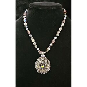 Chicos Silver Tone Medallion Pendant Necklace Beaded Chain Jewelry